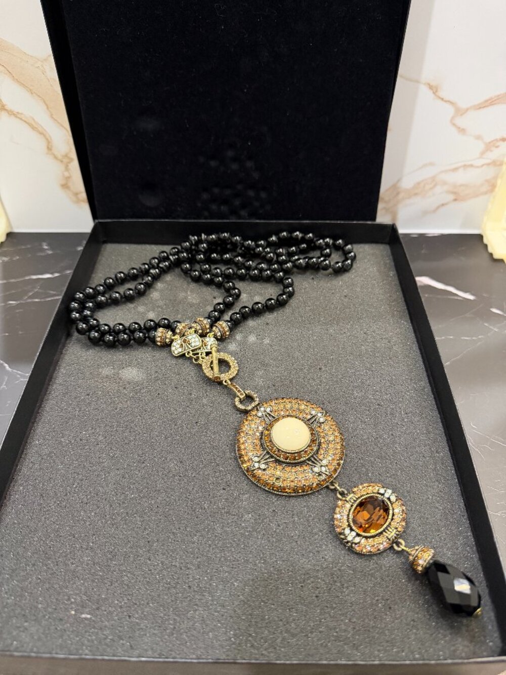 Heidi Daus Triple Strand Beaded Drop Statement Necklace Black Amber Crystal - Picture 14 of 14